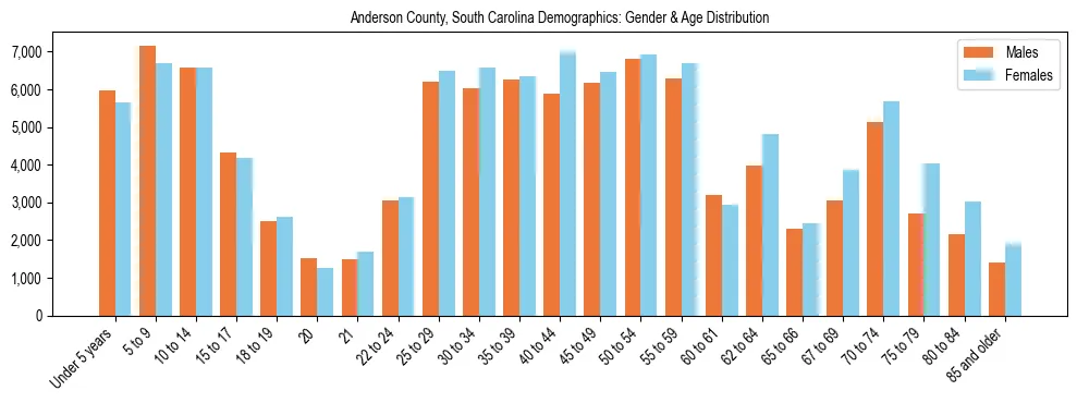 Bar chart showing the population distribution of Anderson County, South Carolina by age group and gender, based on 2023 ACS data.