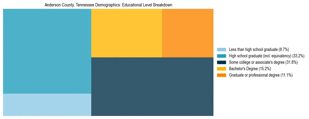 Treemap chart illustrating the educational attainment breakdown for population 25 years and over in Anderson County, Tennessee.