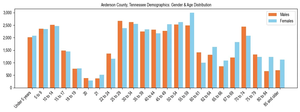 Bar chart showing the population distribution of Anderson County, Tennessee by age group and gender, based on 2023 ACS data.