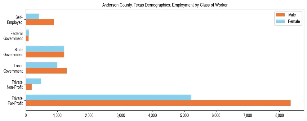 Horizontal bar chart showing employment distribution by class of worker and gender in Anderson County, Texas, based on 2023 ACS data.