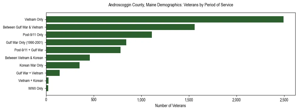 Bar chart showing the distribution of veterans by period of military service in Androscoggin County, Maine based on 2023 ACS data.