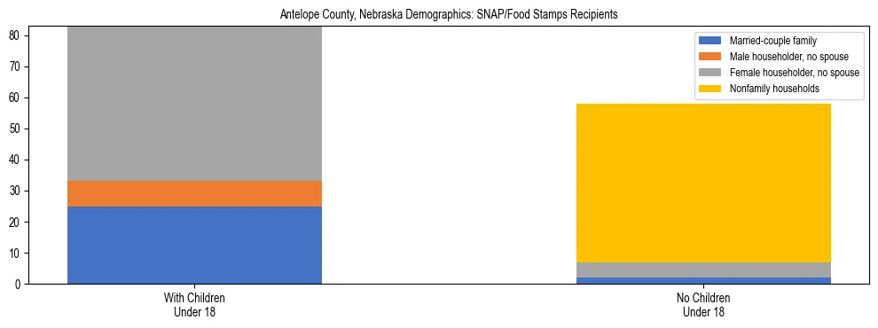 Stacked bar chart showing SNAP/Food Stamps recipient household composition by presence of children under 18 in Antelope County, Nebraska, based on 2023 ACS data.
