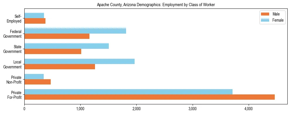 Horizontal bar chart showing employment distribution by class of worker and gender in Apache County, Arizona, based on 2023 ACS data.