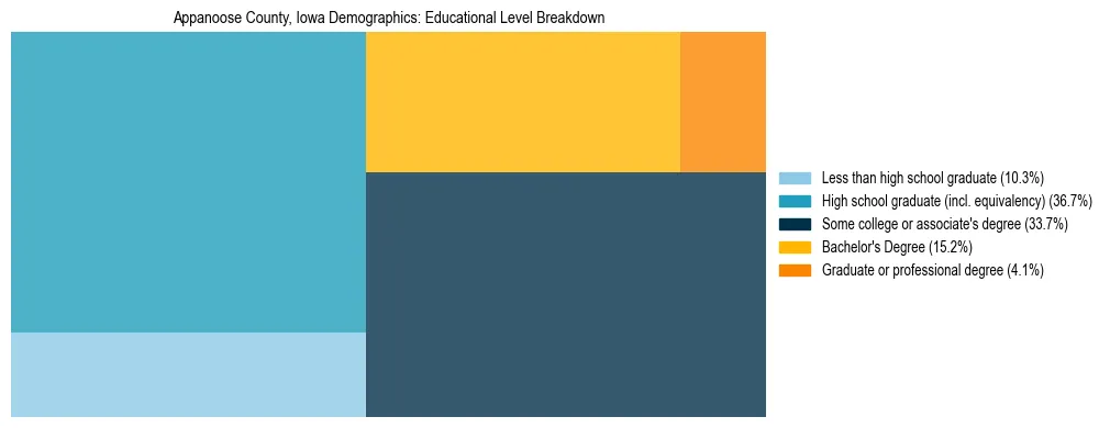 Treemap chart illustrating the educational attainment breakdown for population 25 years and over in Appanoose County, Iowa.