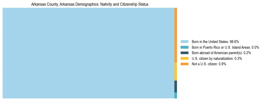 Treemap showing the population distribution by nativity and citizenship status in Arkansas County, Arkansas based on U.S. Census data.