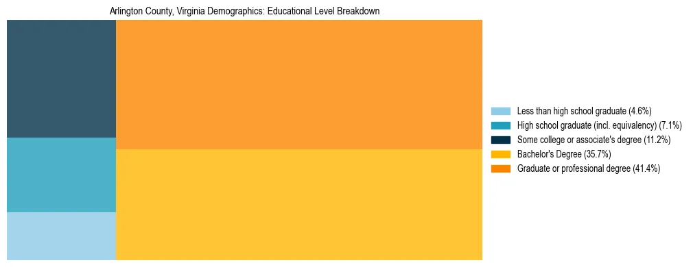 Treemap chart illustrating the educational attainment breakdown for population 25 years and over in Arlington County, Virginia.
