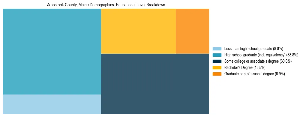 Treemap chart illustrating educational attainment levels for adults 25+ in Aroostook County, Maine based on 2023 ACS data.
