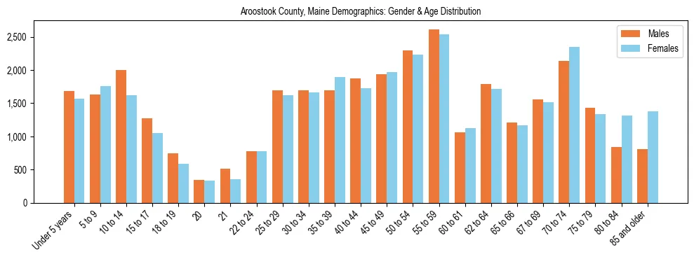 Population pyramid for Aroostook County, Maine showing male vs female age distribution based on 2023 ACS data.