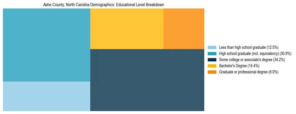 Treemap chart illustrating the educational attainment breakdown for population 25 years and over in Ashe County, North Carolina.