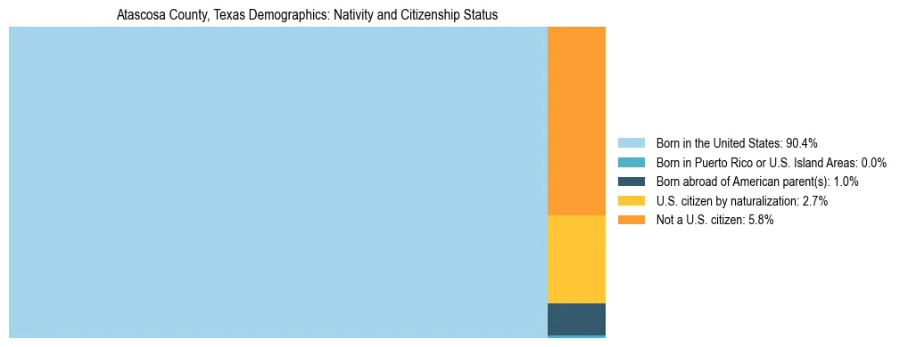 Treemap showing the population distribution by nativity and citizenship status in Atascosa County, Texas based on U.S. Census data.