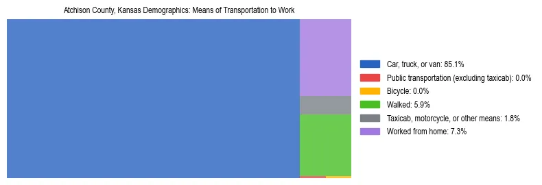 Treemap showing means of transportation to work distribution in Atchison County, Kansas.