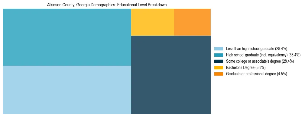 Treemap chart illustrating the educational attainment breakdown for population 25 years and over in Atkinson County, Georgia.