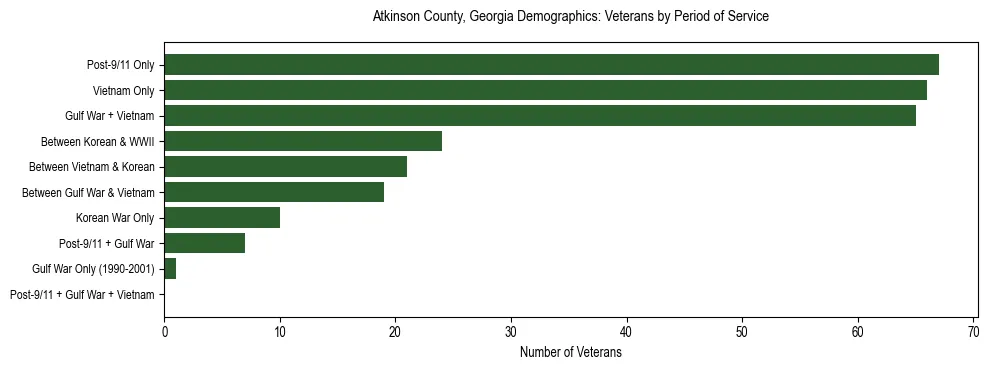 Horizontal bar chart showing veteran distribution by period of military service in Atkinson County, Georgia, based on 2023 ACS data.