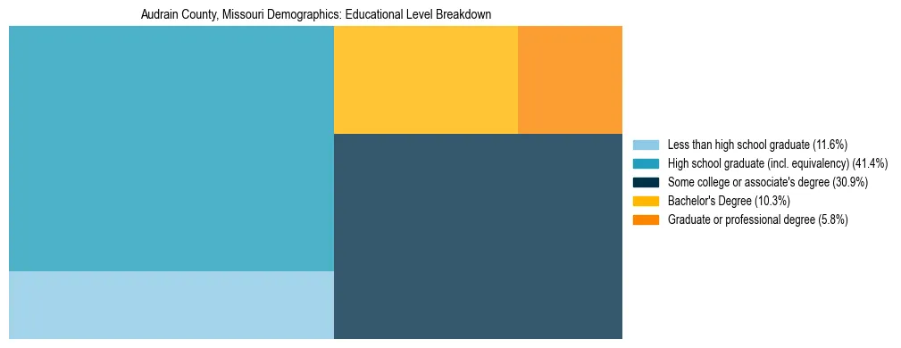 Treemap chart illustrating the educational attainment breakdown for population 25 years and over in Audrain County, Missouri.