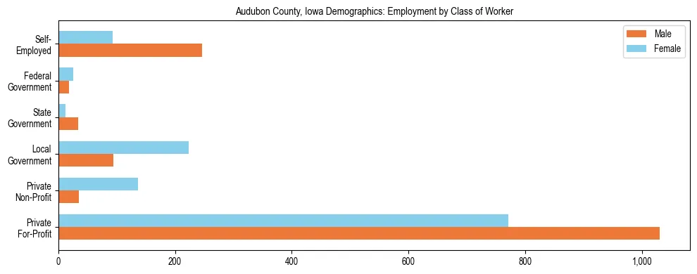 Horizontal bar chart showing employment distribution by class of worker and gender in Audubon County, Iowa, based on 2023 ACS data.