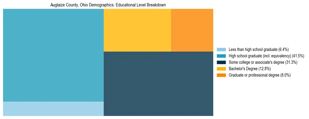 Treemap chart illustrating the educational attainment breakdown for population 25 years and over in Auglaize County, Ohio.