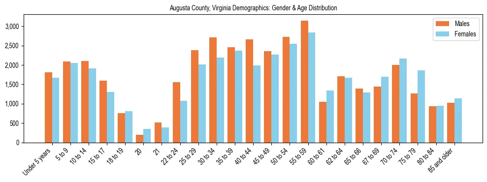 Bar chart showing the population distribution of Augusta County, Virginia by age group and gender, based on 2023 ACS data.