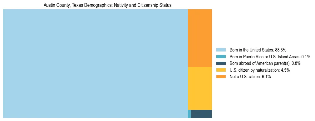 Treemap showing the population distribution by nativity and citizenship status in Austin County, Texas based on U.S. Census data.
