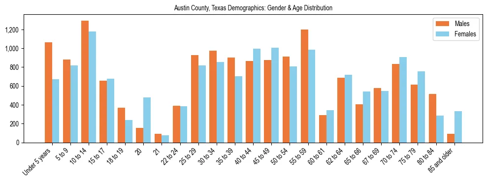 Bar chart showing the population distribution of Austin County, Texas by age group and gender, based on 2023 ACS data.