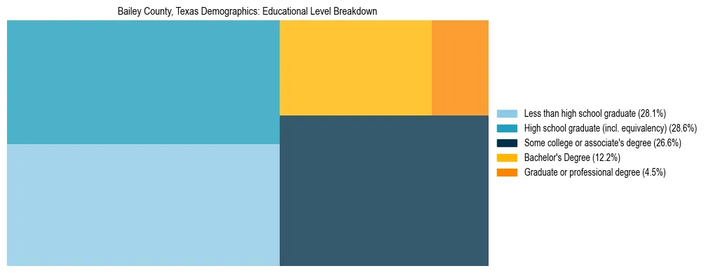 Treemap chart illustrating the educational attainment breakdown for population 25 years and over in Bailey County, Texas.