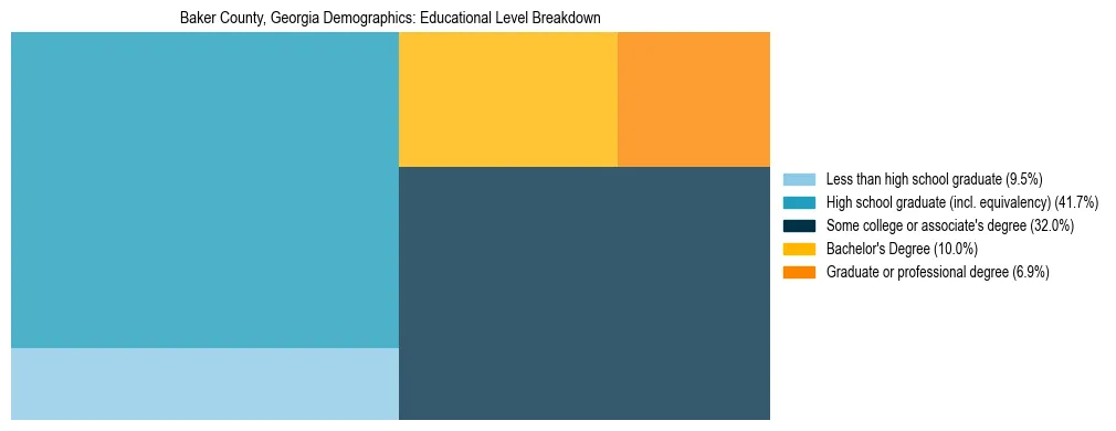 Treemap chart illustrating the educational attainment breakdown for population 25 years and over in Baker County, Georgia.