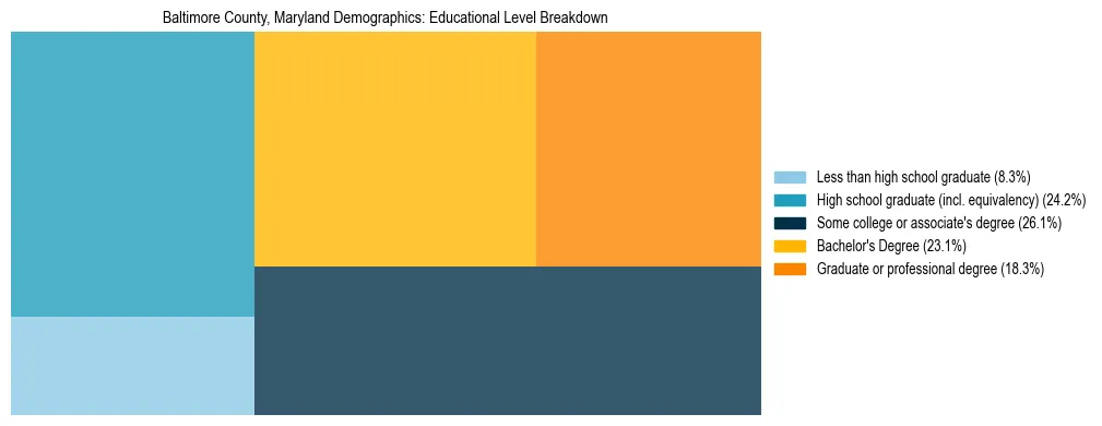 Treemap chart illustrating the educational attainment breakdown for population 25 years and over in Baltimore County, Maryland.