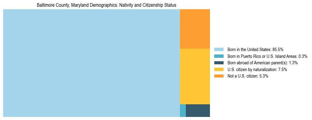 Treemap showing the population distribution by nativity and citizenship status in Baltimore County, Maryland based on U.S. Census data.