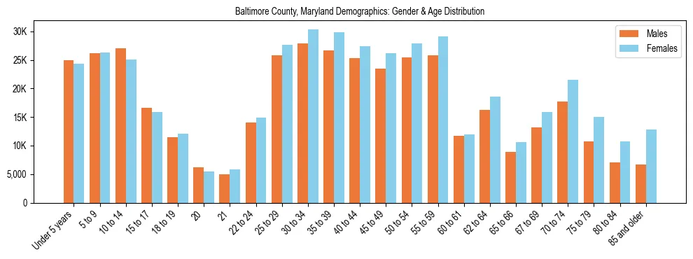 Bar chart showing the population distribution of Baltimore County, Maryland by age group and gender, based on 2023 ACS data.