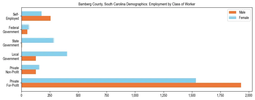 Horizontal bar chart showing employment distribution by class of worker and gender in Bamberg County, South Carolina, based on 2023 ACS data.