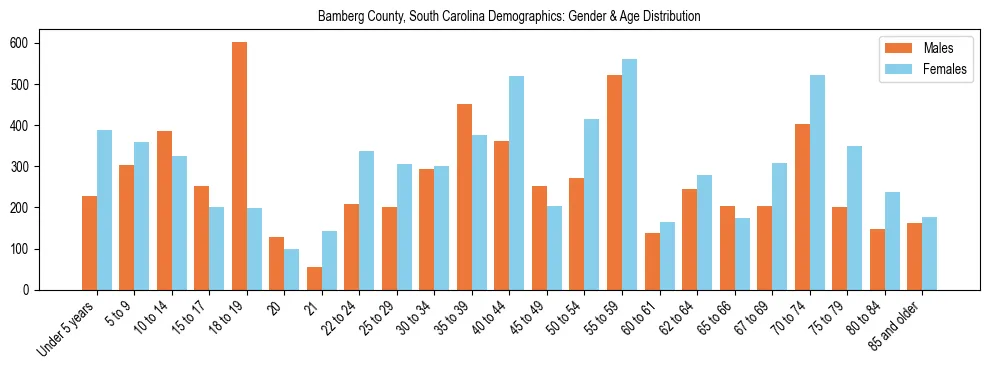 Bar chart showing the population distribution of Bamberg County, South Carolina by age group and gender, based on 2023 ACS data.