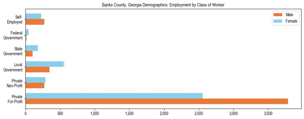 Horizontal bar chart showing employment distribution by class of worker and gender in Banks County, Georgia, based on 2023 ACS data.
