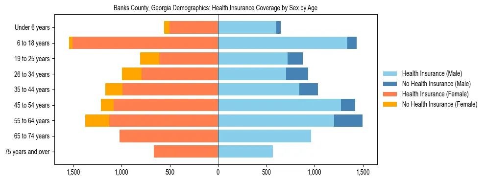 Pyramid chart showing health insurance coverage by age and sex in Banks County, Georgia.