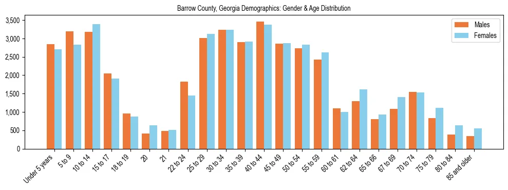 Bar chart showing the population distribution of Barrow County, Georgia by age group and gender, based on 2023 ACS data.