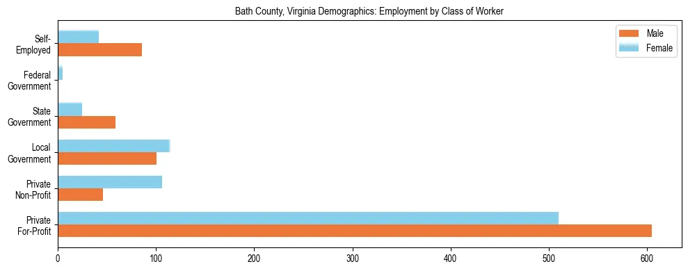 Horizontal bar chart showing employment distribution by class of worker and gender in Bath County, Virginia, based on 2023 ACS data.