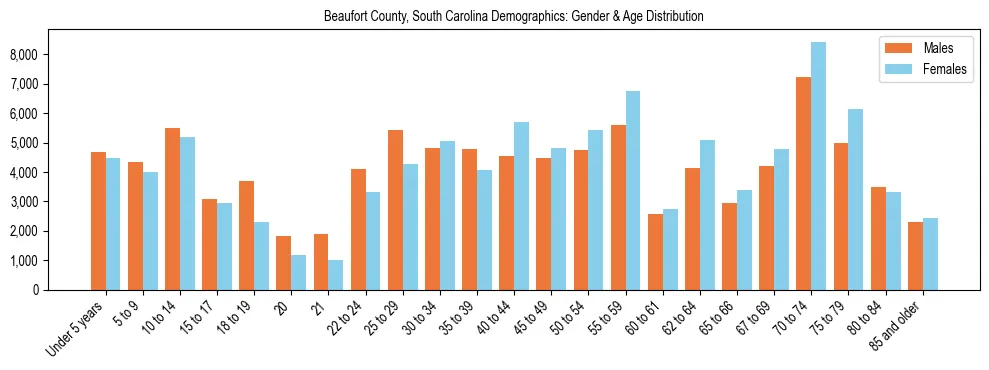Bar chart showing the population distribution of Beaufort County, South Carolina by age group and gender, based on 2023 ACS data.