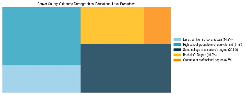 Treemap chart illustrating the educational attainment breakdown for population 25 years and over in Beaver County, Oklahoma.