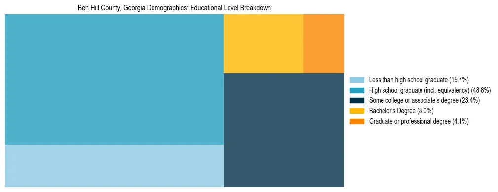 Treemap chart illustrating the educational attainment breakdown for population 25 years and over in Ben Hill County, Georgia.
