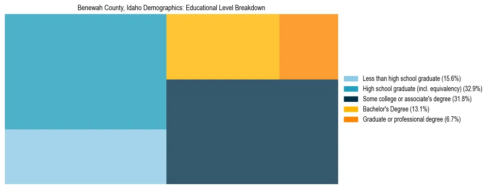 Treemap chart illustrating the educational attainment breakdown for population 25 years and over in Benewah County, Idaho.