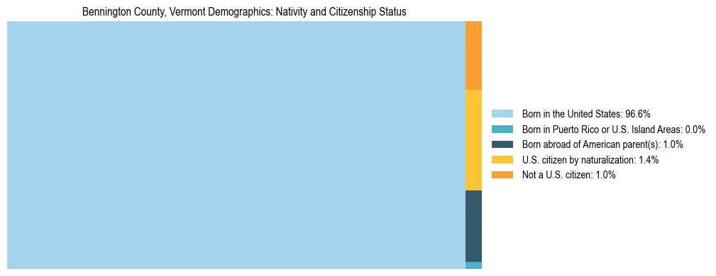 Treemap showing the population distribution by nativity and citizenship status in Bennington County, Vermont based on U.S. Census data.