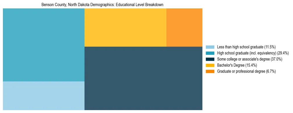Treemap chart illustrating the educational attainment breakdown for population 25 years and over in Benson County, North Dakota.