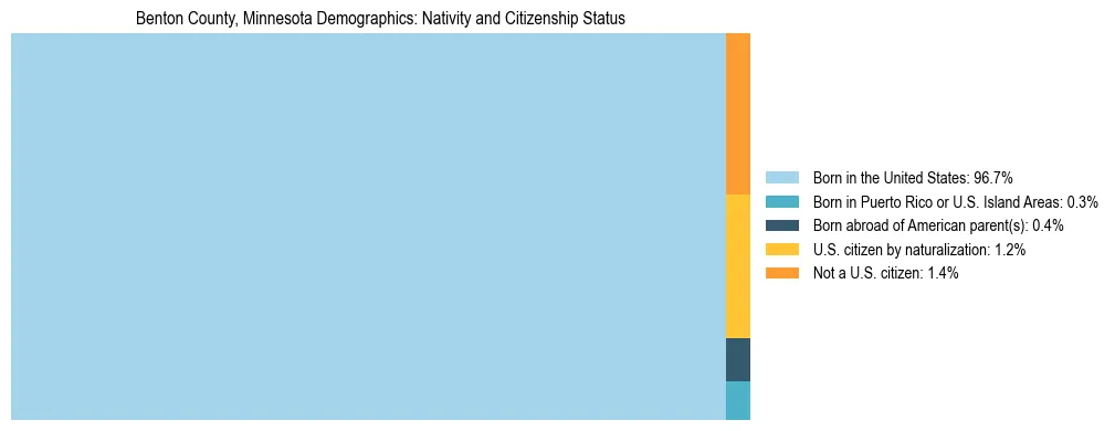 Treemap showing the population distribution by nativity and citizenship status in Benton County, Minnesota based on U.S. Census data.