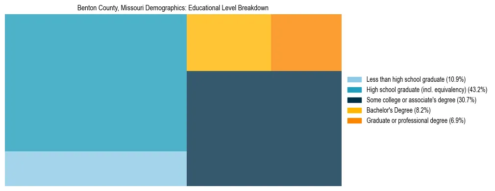 Treemap chart illustrating the educational attainment breakdown for population 25 years and over in Benton County, Missouri.