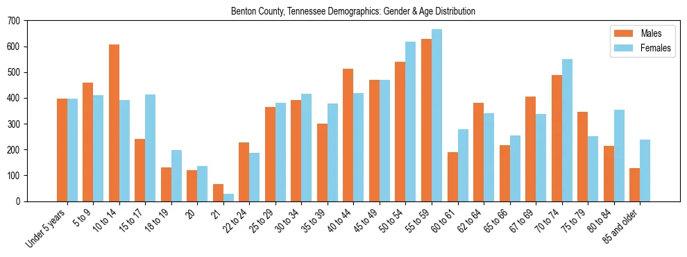 Bar chart showing the population distribution of Benton County, Tennessee by age group and gender, based on 2023 ACS data.