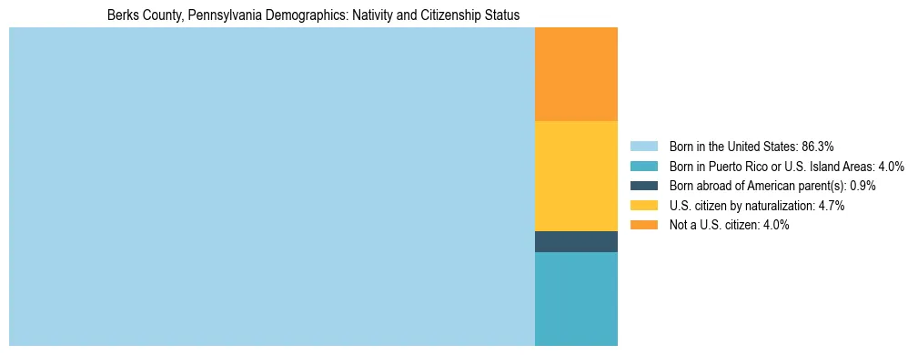 Treemap showing the population distribution by nativity and citizenship status in Berks County, Pennsylvania based on U.S. Census data.