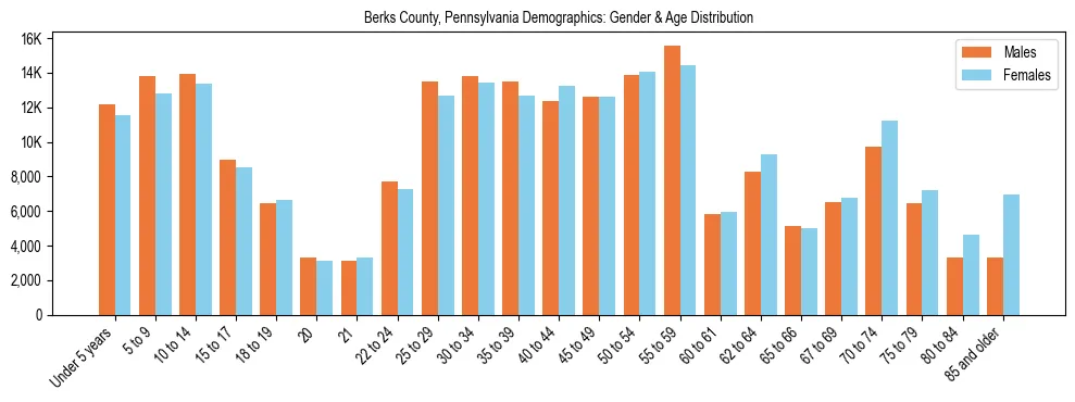 Bar chart showing the population distribution of Berks County, Pennsylvania by age group and gender, based on 2023 ACS data.
