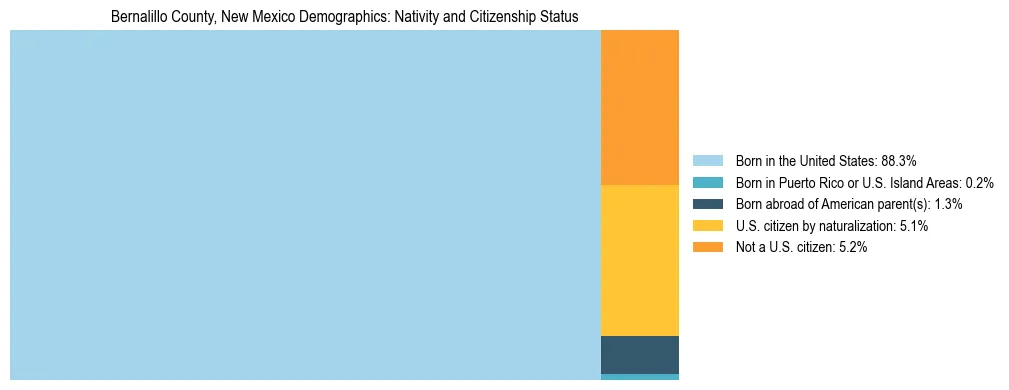 Treemap showing the population distribution by nativity and citizenship status in Bernalillo County, New Mexico based on U.S. Census data.