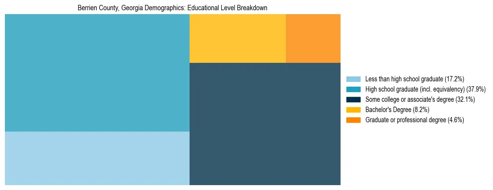 Treemap chart illustrating the educational attainment breakdown for population 25 years and over in Berrien County, Georgia.