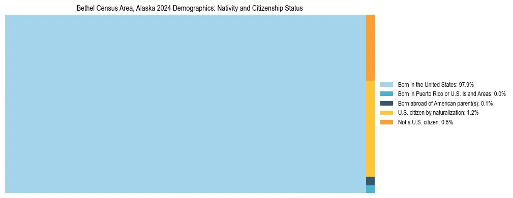 Treemap showing the population distribution by nativity and citizenship status in Bethel Census Area, Alaska based on U.S. Census data.