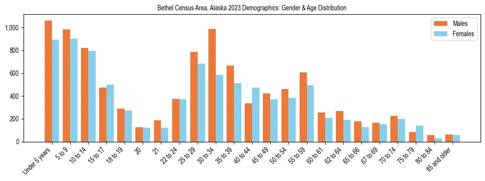 Bar chart showing the population distribution of Bethel Census Area, Alaska by age group and gender, based on 2023 ACS data.