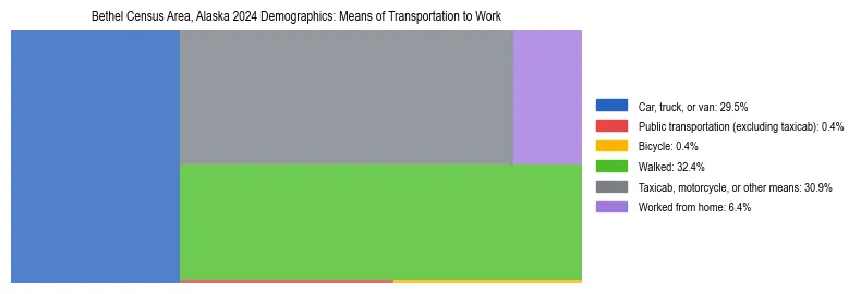 Treemap showing means of transportation to work distribution in Bethel Census Area, Alaska.